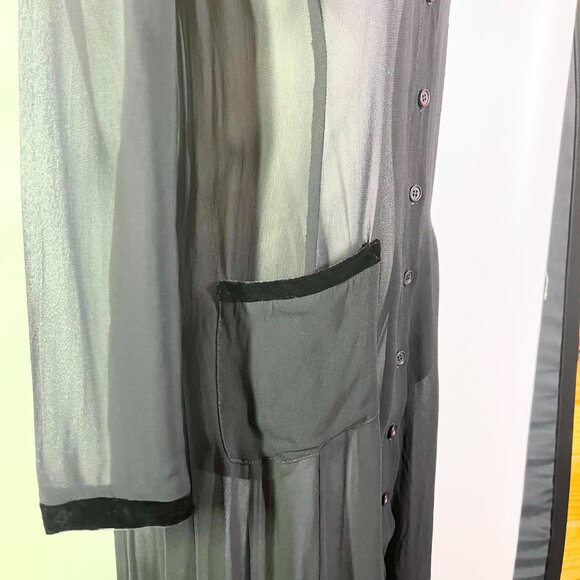 Vintage 1990s Johnny Was Size S Sheer Black Crepe Dress Velvet Trim - Picture 5 of 13